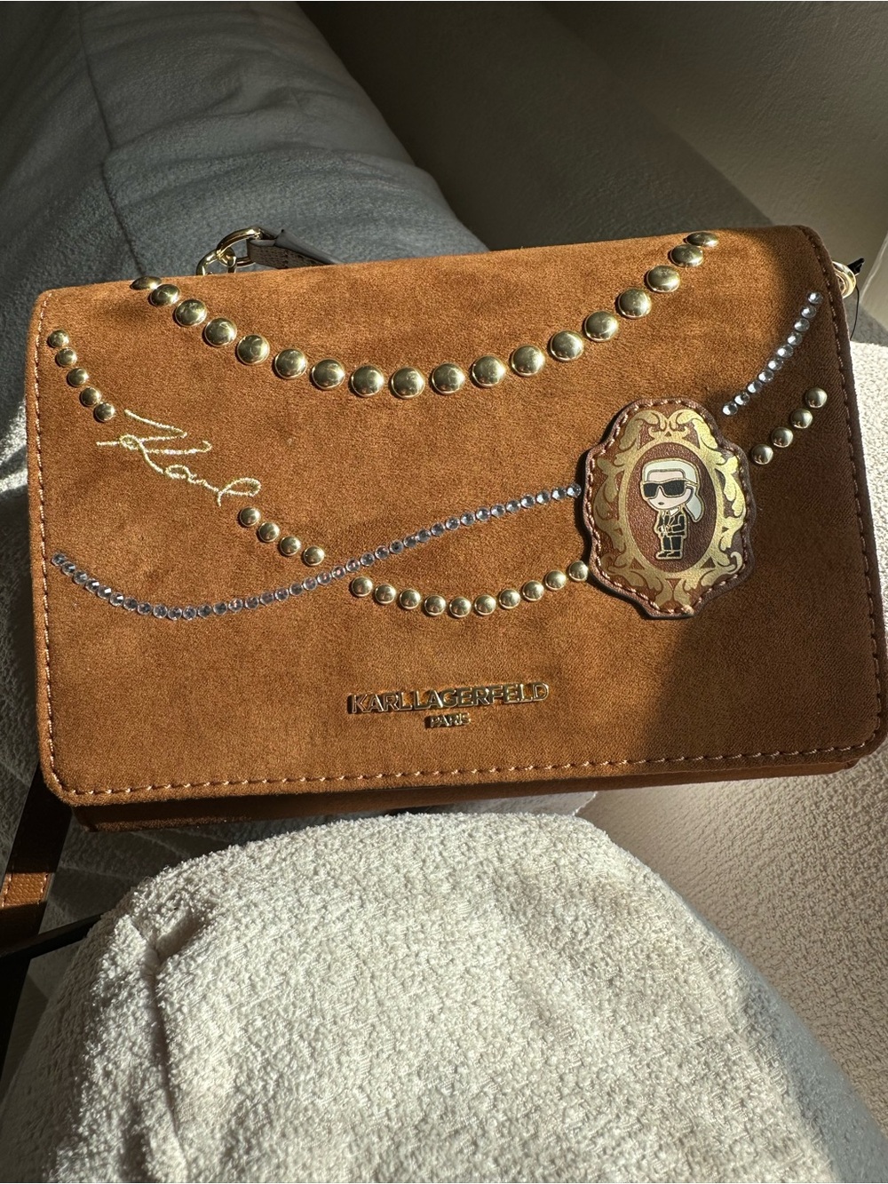 Karl Lagerfeld Tan Suede Crossbody Bag with Gold Stud Accents